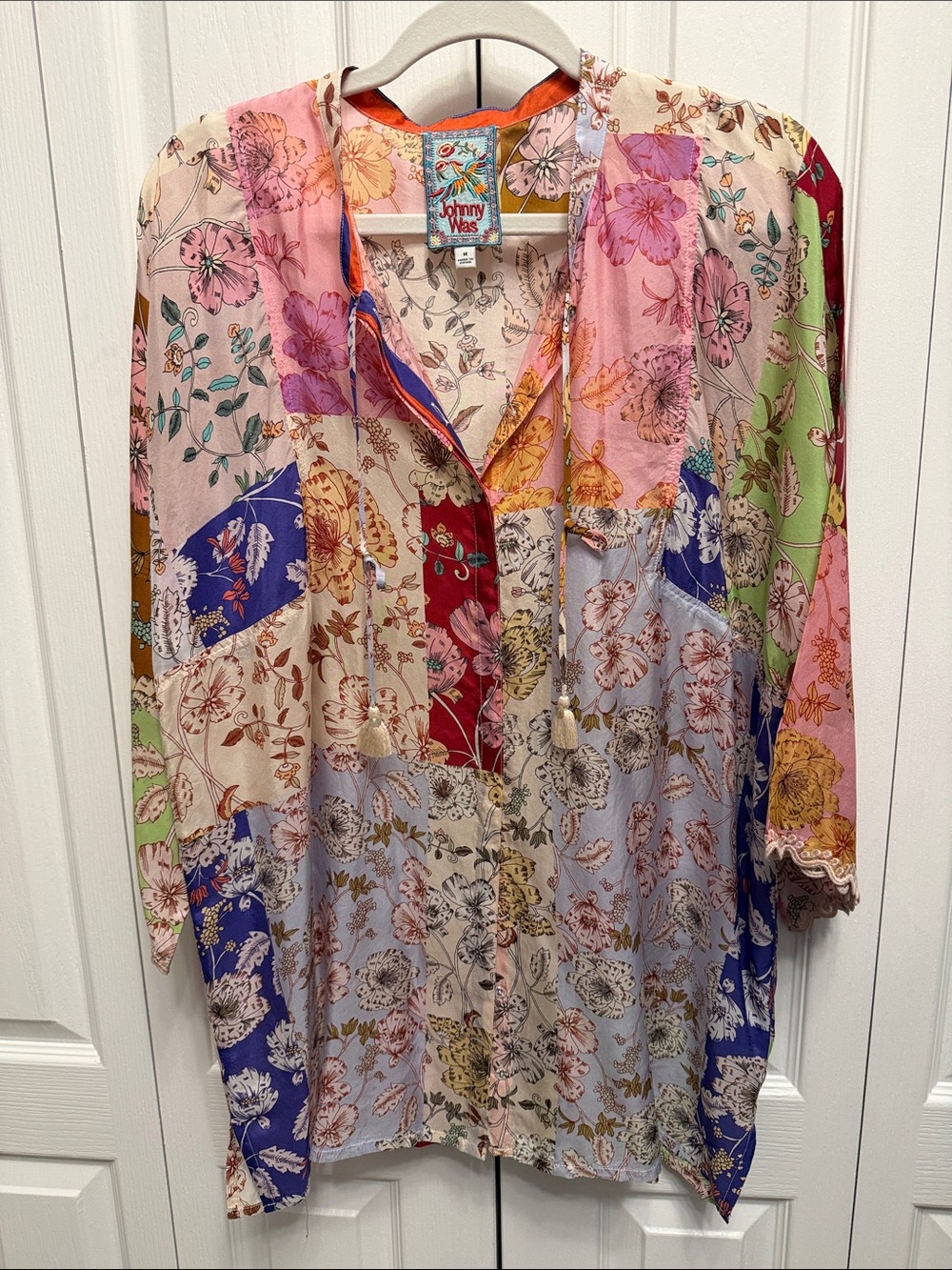 Johnny Was Silk Multicolor Floral Patchwork Tunic Blouse - Pink, Blue, Green